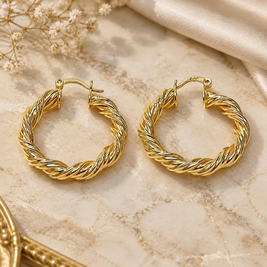 Oro Laminado Medium Hoop, Gold Filled Style Twist and Hollow Design, Polished, Golden Finish