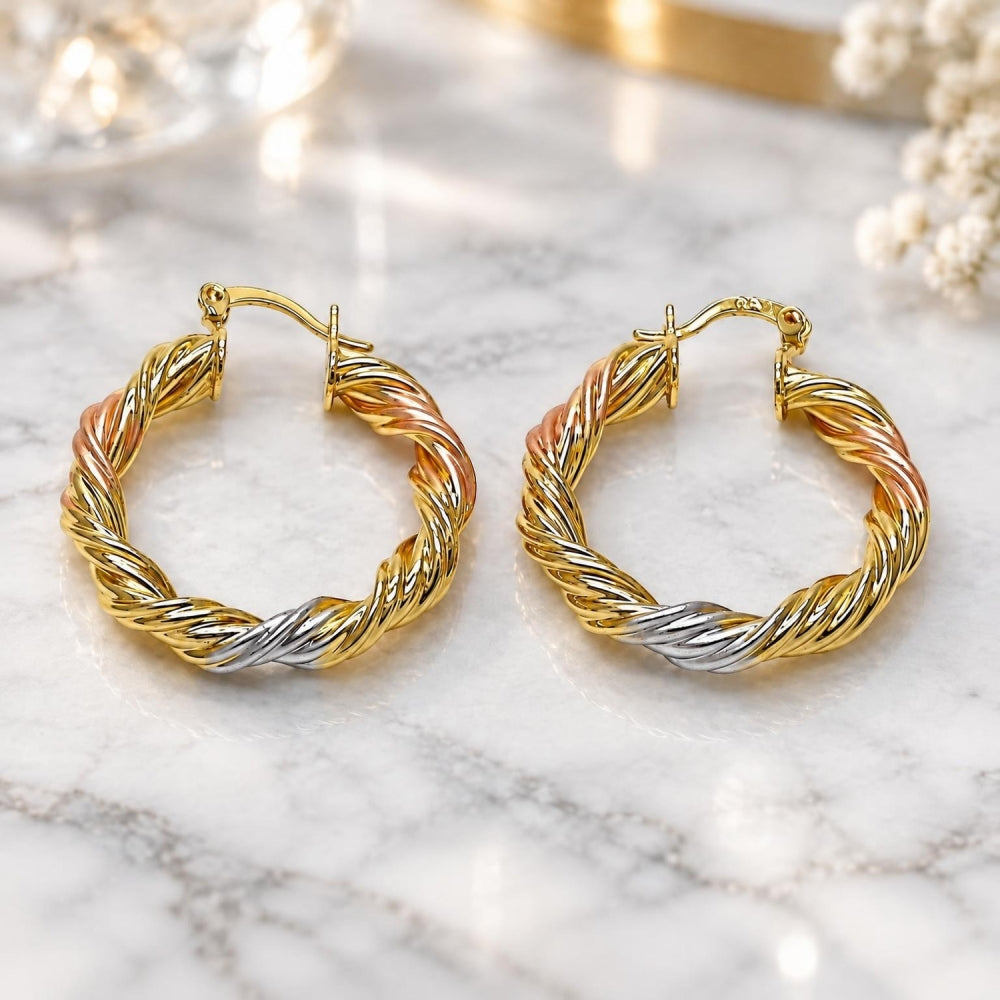 Oro Laminado Medium Hoop, Gold Filled Style Twist and Hollow Design, Polished, Tricolor