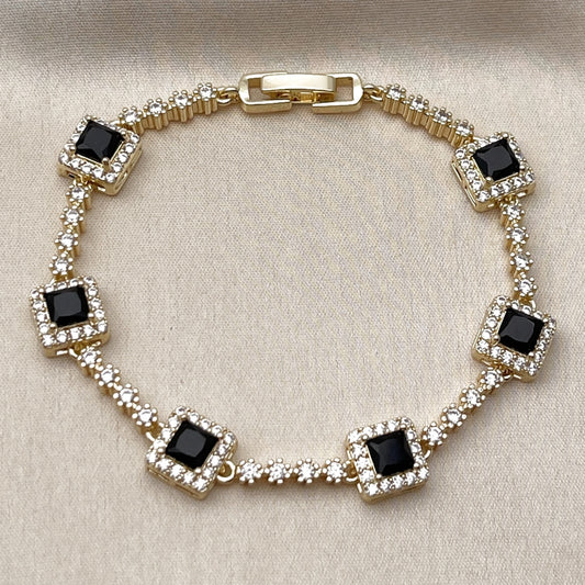 Oro Laminado Tennis Bracelet, Gold Filled Style Cluster Design, with Black and White Cubic Zirconia, Polished, Golden Finish