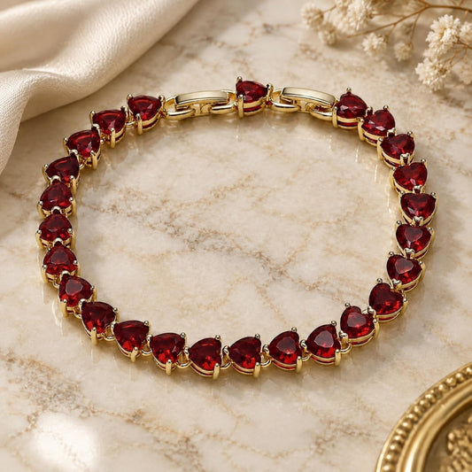Oro Laminado Tennis Bracelet, Gold Filled Style Heart Design, with Garnet Cubic Zirconia, Polished, Golden Finish