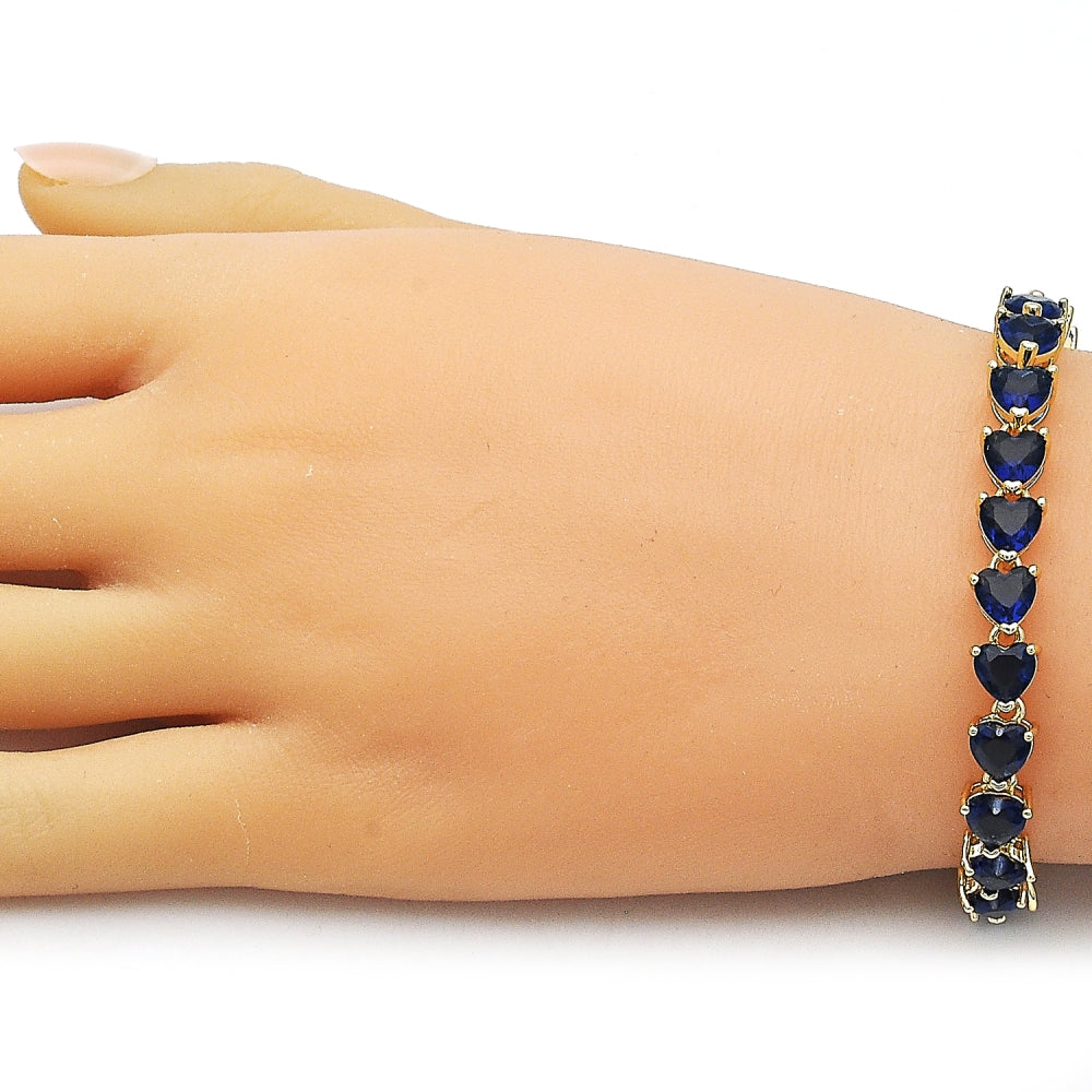 Oro Laminado Tennis Bracelet, Gold Filled Style Heart Design, with Sapphire Blue Cubic Zirconia, Polished, Golden Finish