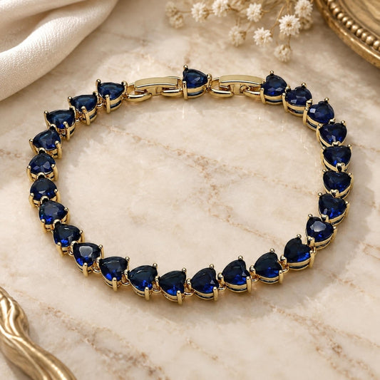 Oro Laminado Tennis Bracelet, Gold Filled Style Heart Design, with Sapphire Blue Cubic Zirconia, Polished, Golden Finish