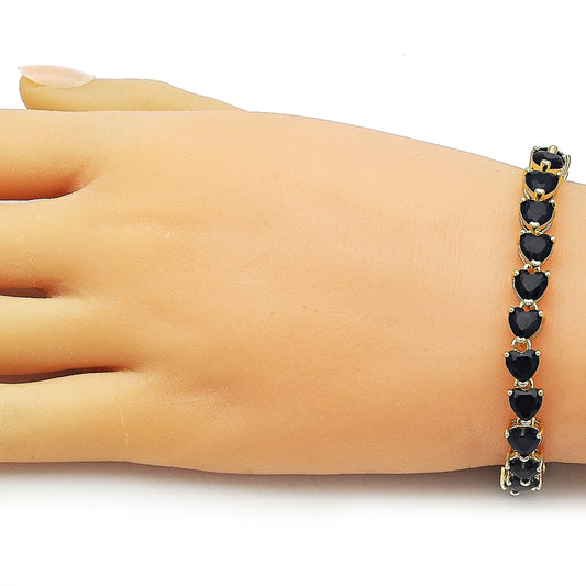 Oro Laminado Tennis Bracelet, Gold Filled Style Heart Design, with Black Cubic Zirconia, Polished, Golden Finish