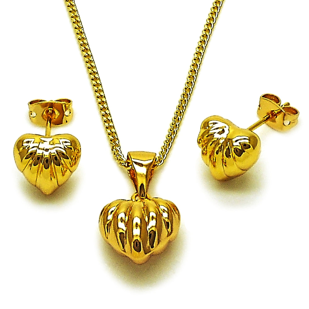 Oro Laminado Earring and Pendant Adult Set, Gold Filled Style Heart and Hollow Design, Polished, Golden Finish