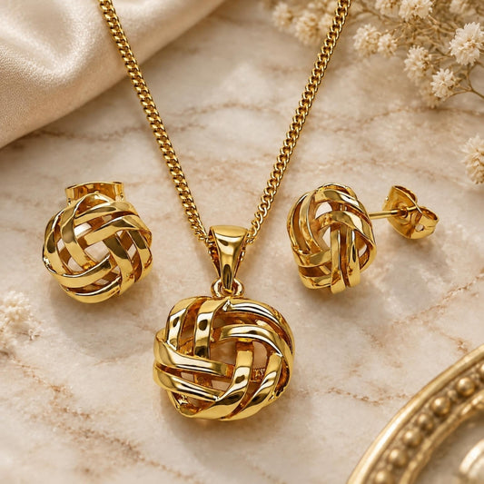 Oro Laminado Earring and Pendant Adult Set, Gold Filled Style Love Knot Design, Polished, Golden Finish