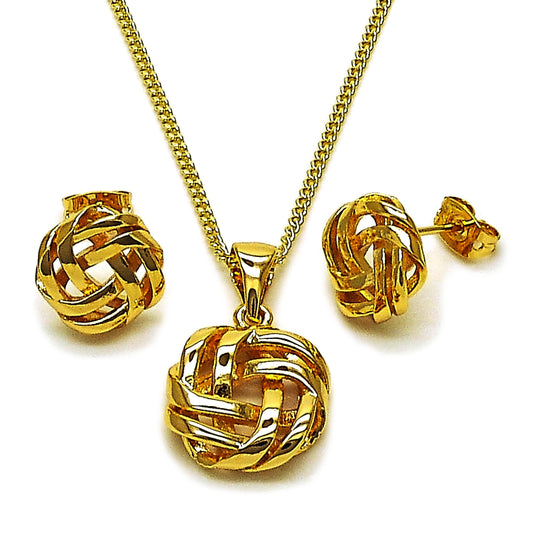 Oro Laminado Earring and Pendant Adult Set, Gold Filled Style Love Knot Design, Polished, Golden Finish