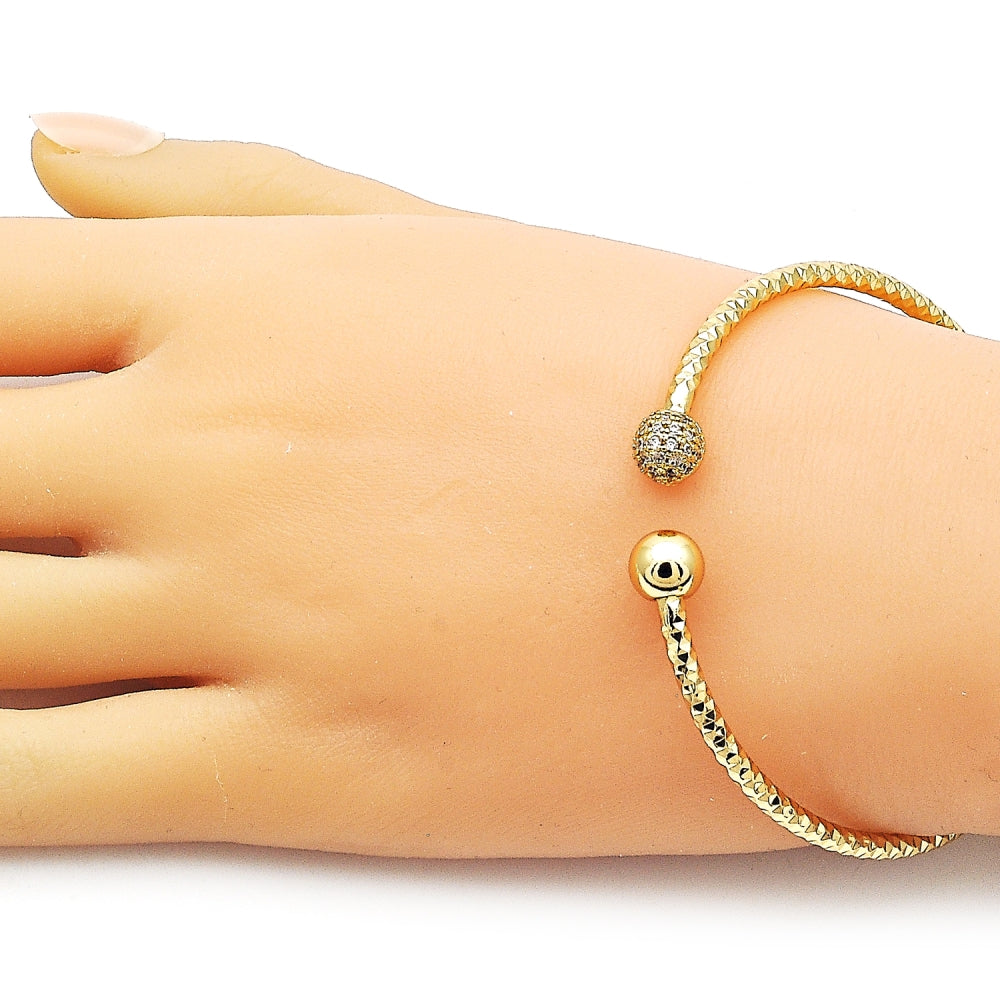 Oro Laminado Individual Bangle, Gold Filled Style Ball Design, with White Micro Pave, Diamond Cutting Finish, Golden Finish