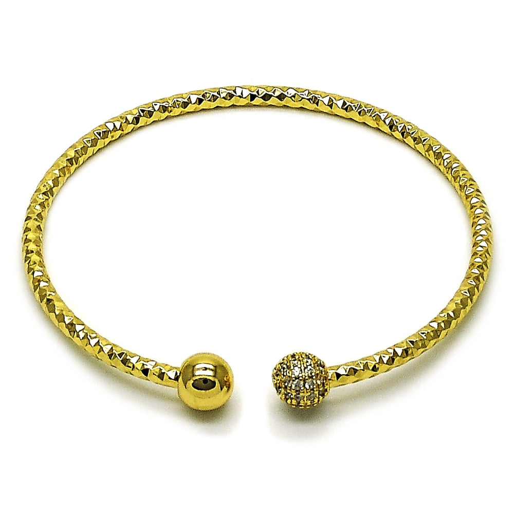 Oro Laminado Individual Bangle, Gold Filled Style Ball Design, with White Micro Pave, Diamond Cutting Finish, Golden Finish