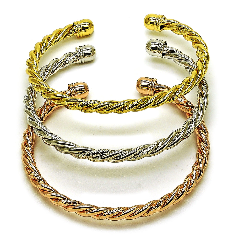 Oro Laminado Trio Bangle, Gold Filled Style Twist Design, Diamond Cutting Finish, Tricolor