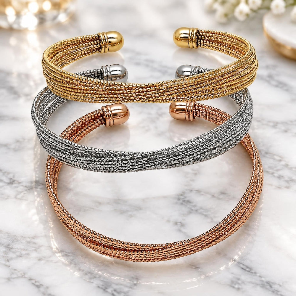 Oro Laminado Trio Bangle, Gold Filled Style Twist Design, Diamond Cutting Finish, Tricolor
