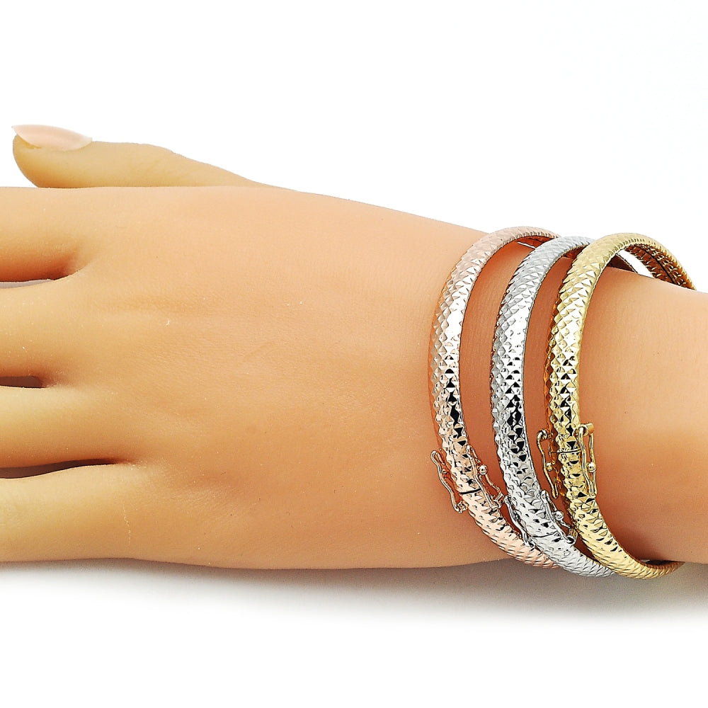 Oro Laminado Trio Bangle, Gold Filled Style Hollow Design, Diamond Cutting Finish, Tricolor