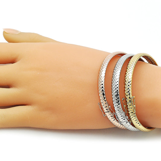 Oro Laminado Trio Bangle, Gold Filled Style Hollow Design, Diamond Cutting Finish, Tricolor