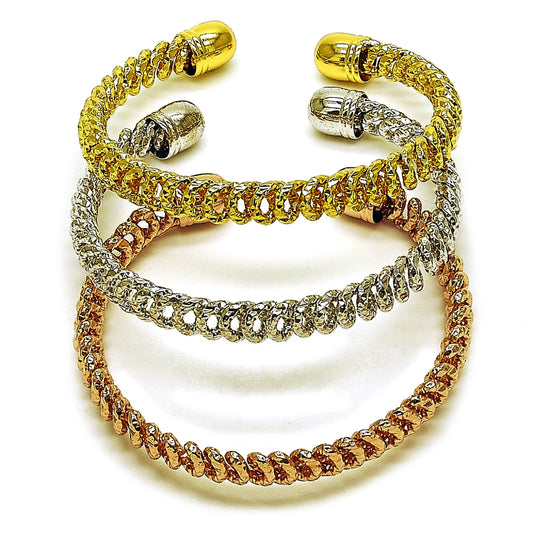 Oro Laminado Trio Bangle, Gold Filled Style Twist Design, Diamond Cutting Finish, Tricolor