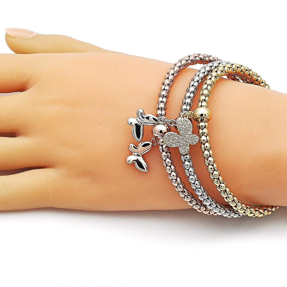 Oro Laminado Trio Bangle, Gold Filled Style Butterfly Design, with White Cubic Zirconia, Polished, Tricolor