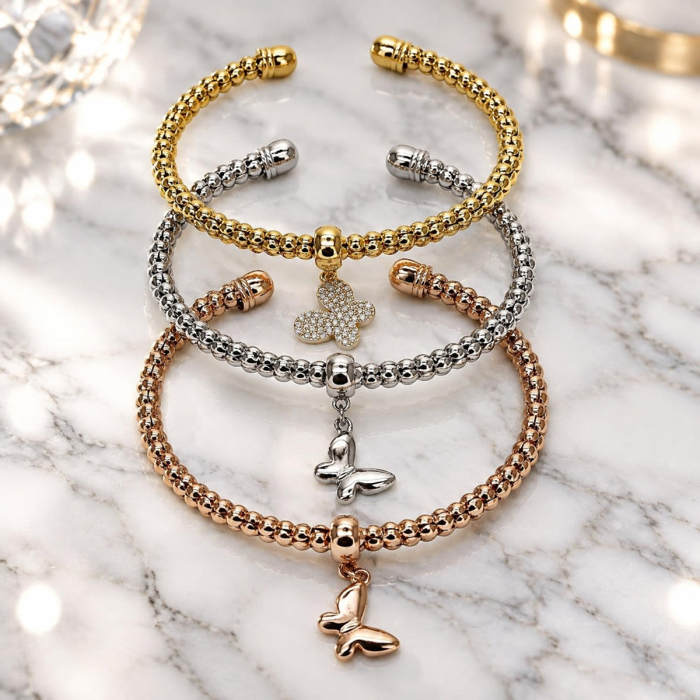 Oro Laminado Trio Bangle, Gold Filled Style Butterfly Design, with White Cubic Zirconia, Polished, Tricolor