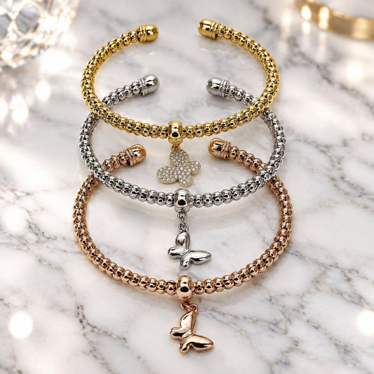 Oro Laminado Trio Bangle, Gold Filled Style Butterfly Design, with White Cubic Zirconia, Polished, Tricolor