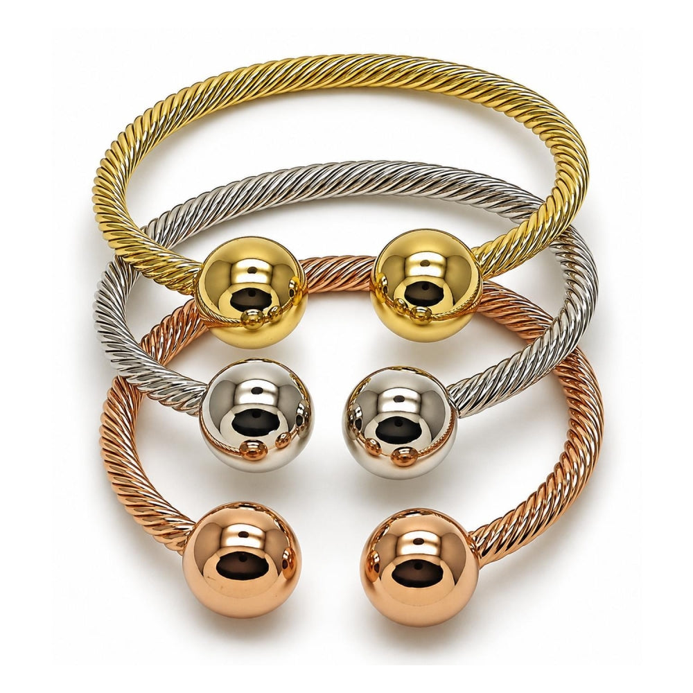 Oro Laminado Trio Bangle, Gold Filled Style Ball and Twist Design, Polished, Tricolor