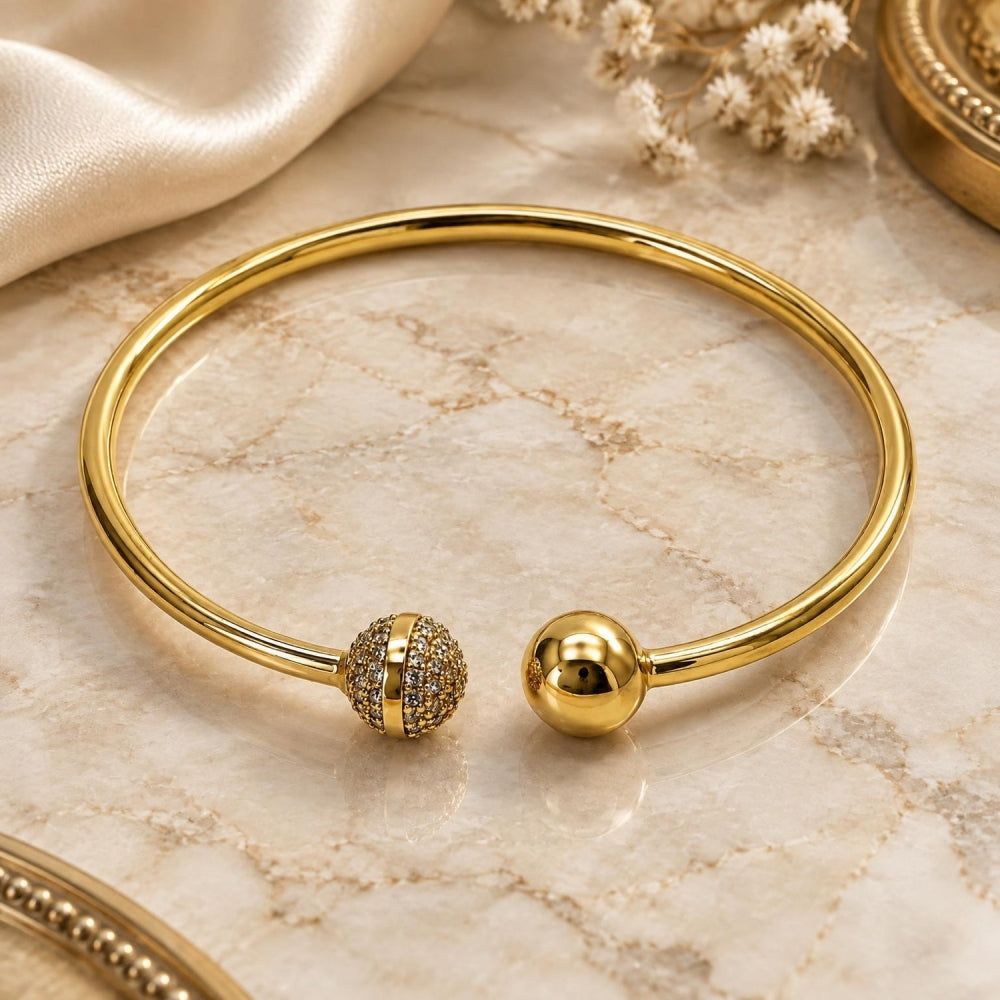 Oro Laminado Individual Bangle, Gold Filled Style Ball Design, with White Cubic Zirconia, Polished, Golden Finish