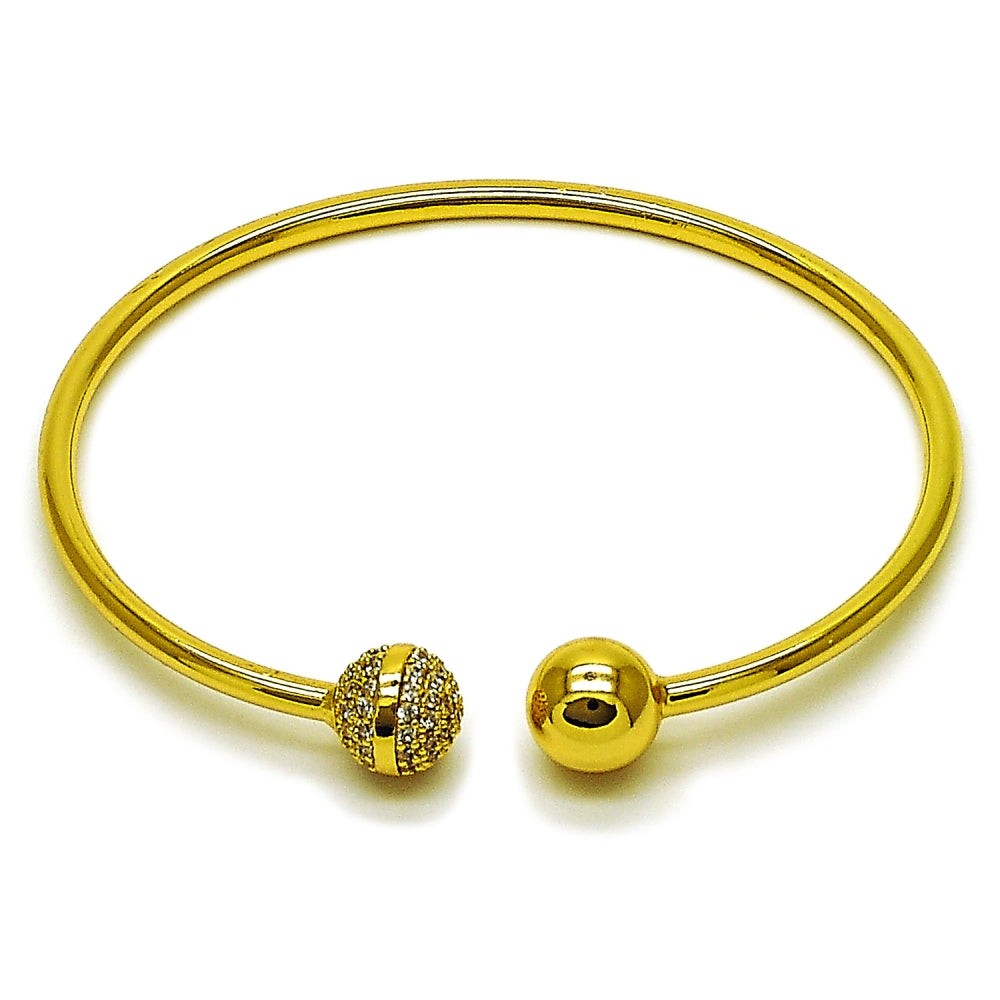Oro Laminado Individual Bangle, Gold Filled Style Ball Design, with White Cubic Zirconia, Polished, Golden Finish