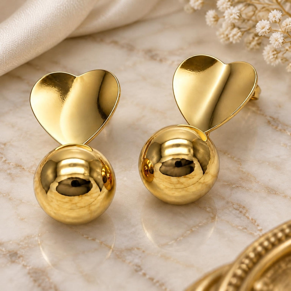 Oro Laminado Dangle Earring, Gold Filled Style Ball and Heart Design, Polished, Golden Finish