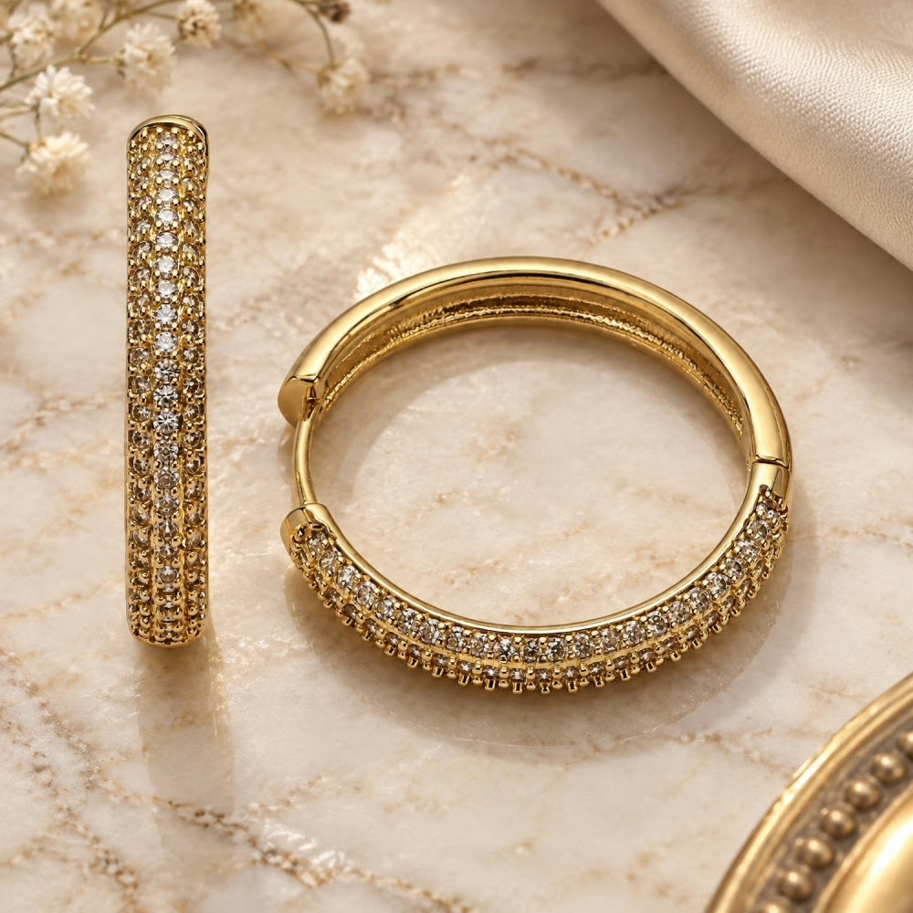 Oro Laminado Huggie Hoop, Gold Filled Style with White Cubic Zirconia, Polished, Golden Finish