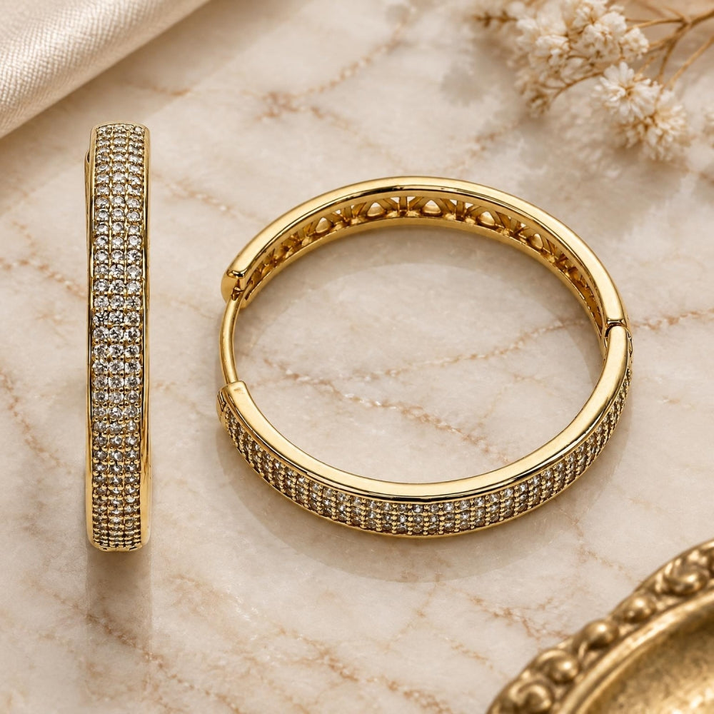 Oro Laminado Huggie Hoop, Gold Filled Style with White Micro Pave, Polished, Golden Finish