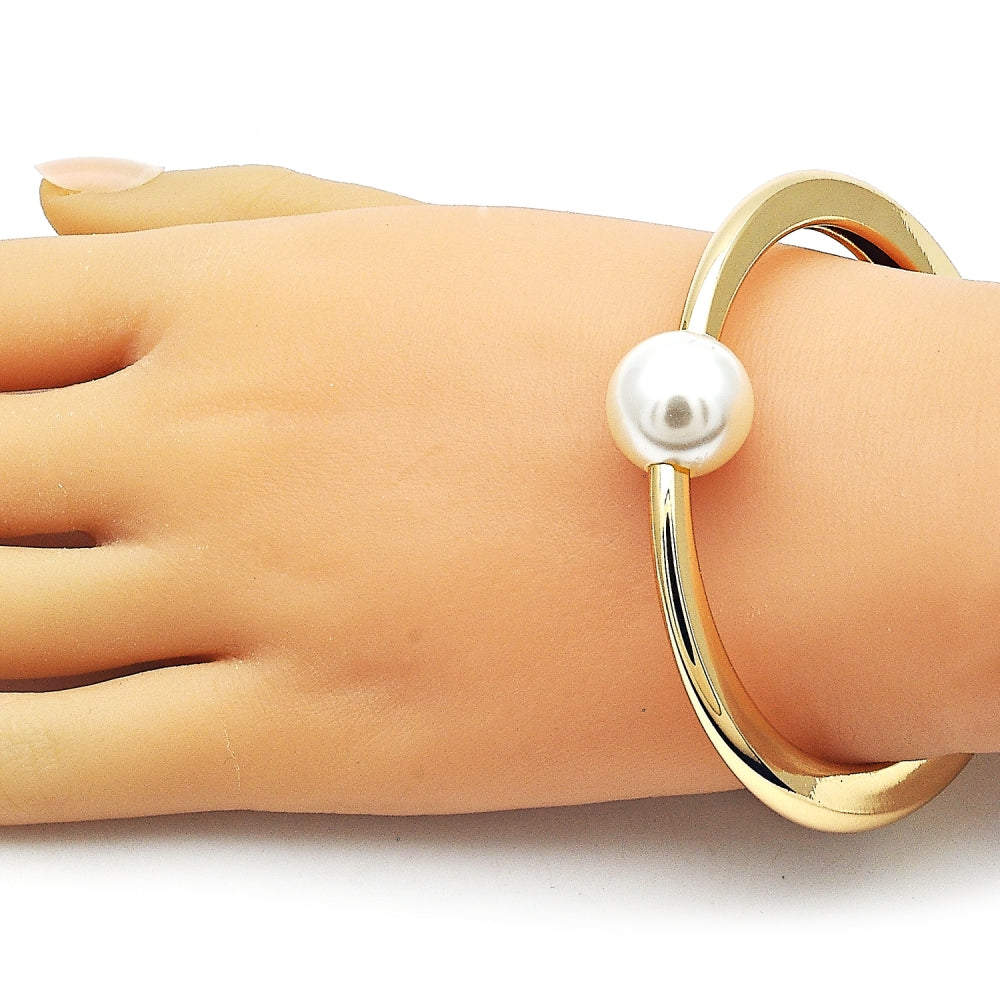 Oro Laminado Individual Bangle, Gold Filled Style Ball Design, with Ivory Pearl, Polished, Golden Finish