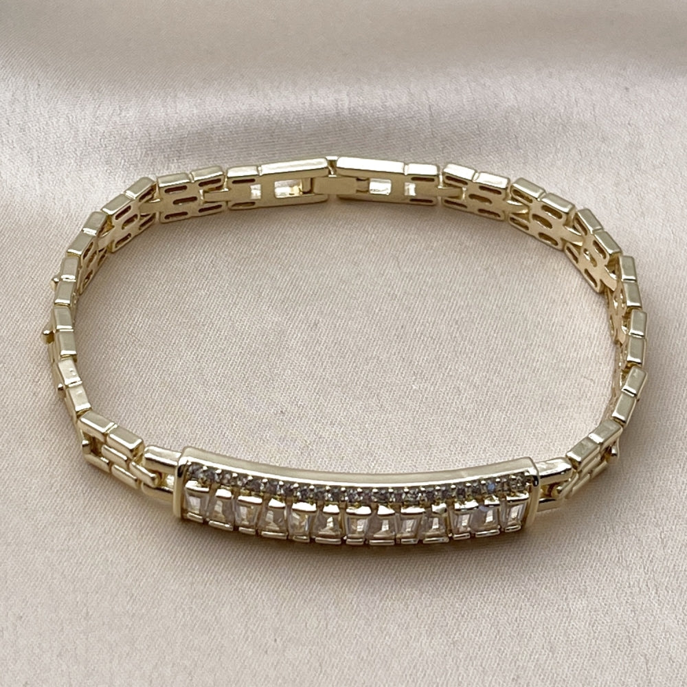 Oro Laminado Fancy Bracelet, Gold Filled Style Baguette and Cluster Design, with White Cubic Zirconia and White Micro Pave, Polished, Golden Finish