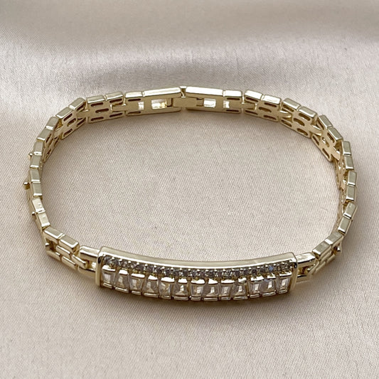 Oro Laminado Fancy Bracelet, Gold Filled Style Baguette and Cluster Design, with White Cubic Zirconia and White Micro Pave, Polished, Golden Finish