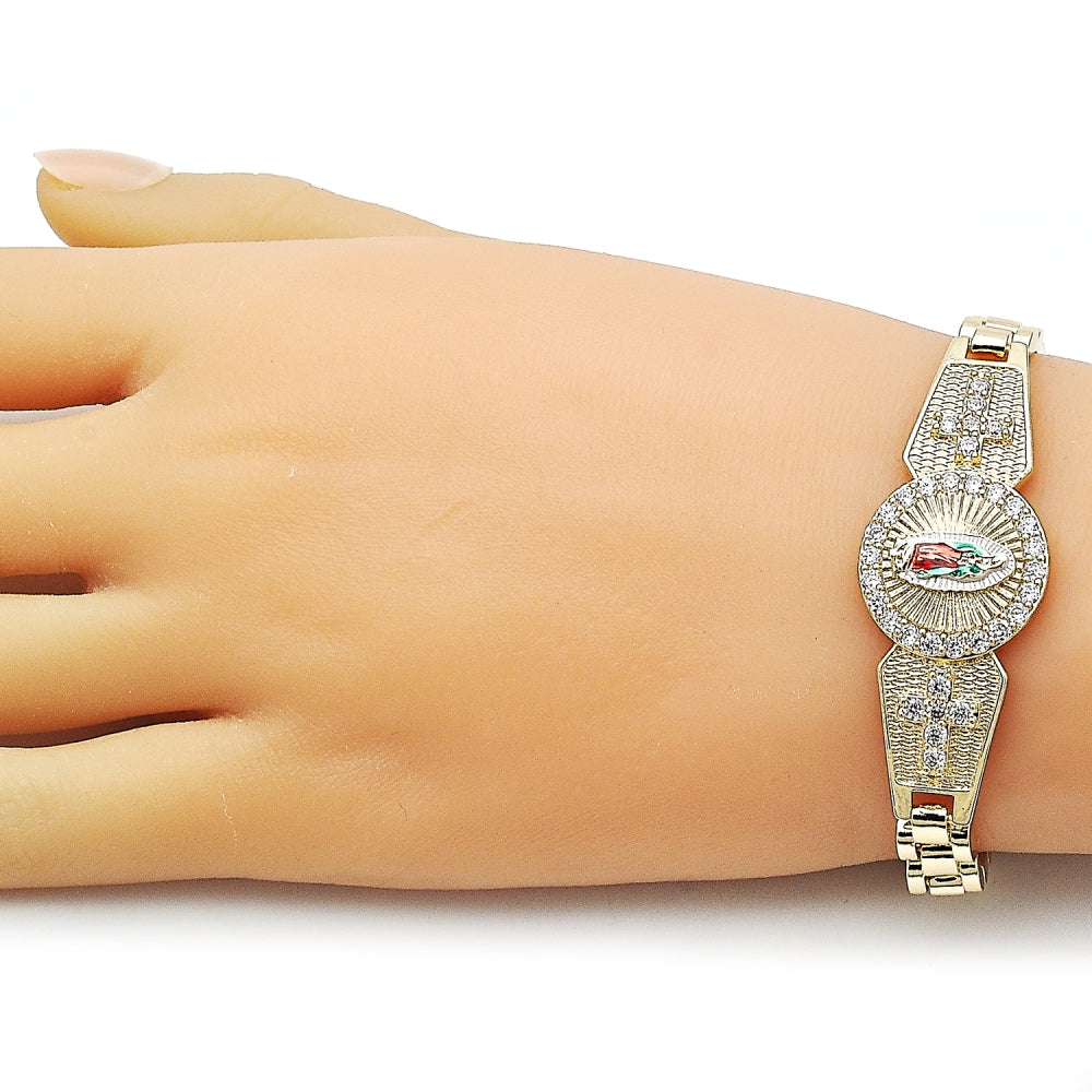 Oro Laminado Solid Bracelet, Gold Filled Style Guadalupe and Cross Design, with White Cubic Zirconia, Polished, Tricolor