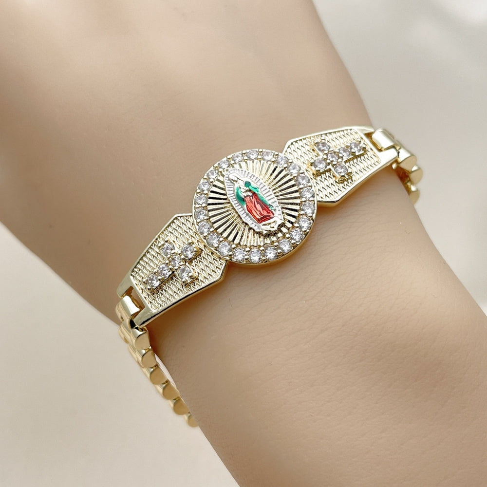Oro Laminado Solid Bracelet, Gold Filled Style Guadalupe and Cross Design, with White Cubic Zirconia, Polished, Tricolor