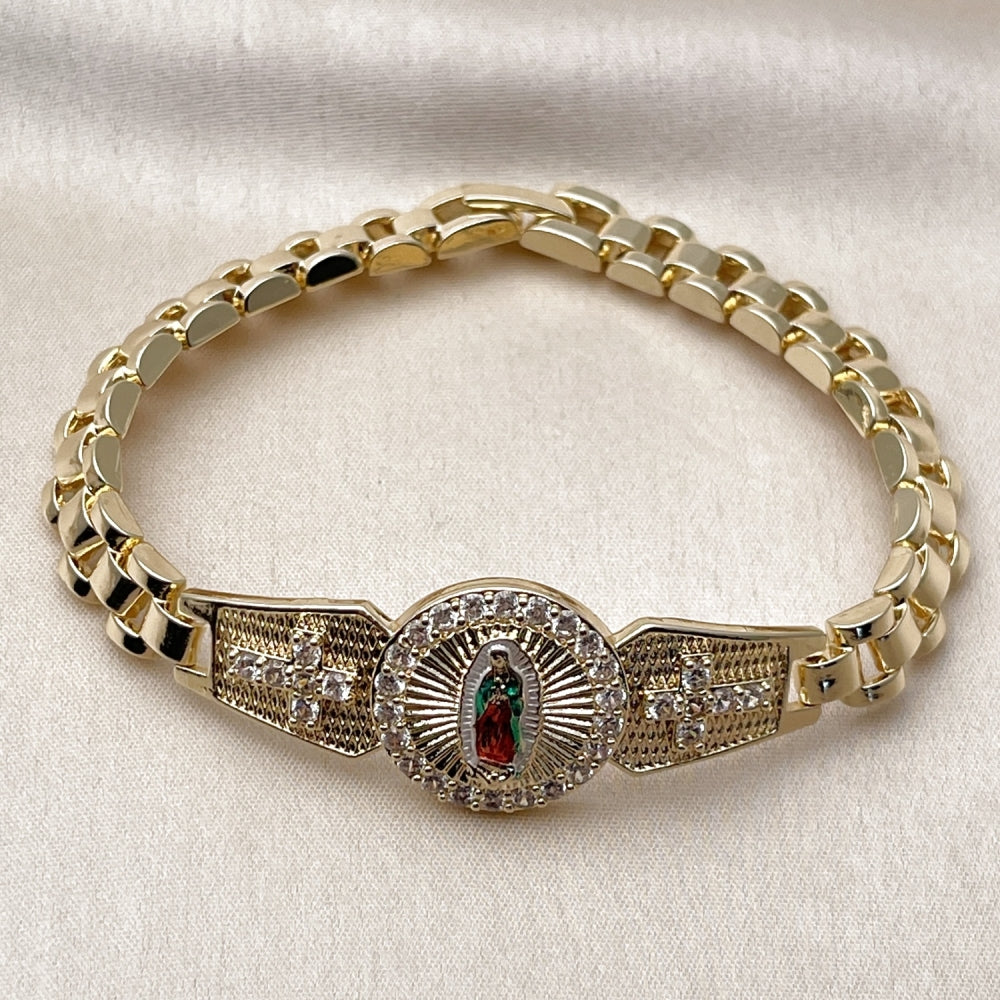 Oro Laminado Solid Bracelet, Gold Filled Style Guadalupe and Cross Design, with White Cubic Zirconia, Polished, Tricolor