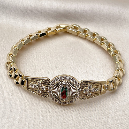 Oro Laminado Solid Bracelet, Gold Filled Style Guadalupe and Cross Design, with White Cubic Zirconia, Polished, Tricolor