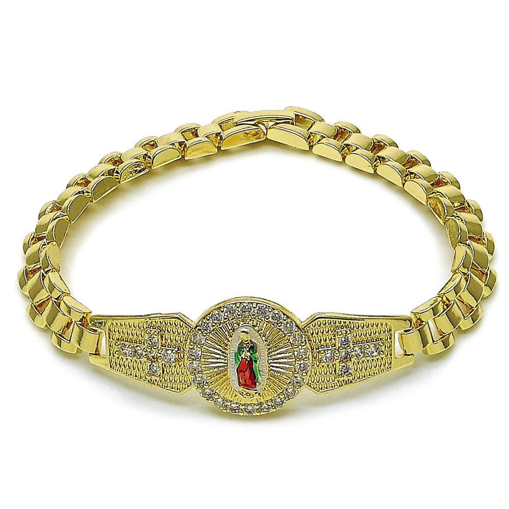 Oro Laminado Solid Bracelet, Gold Filled Style Guadalupe and Cross Design, with White Cubic Zirconia, Polished, Tricolor