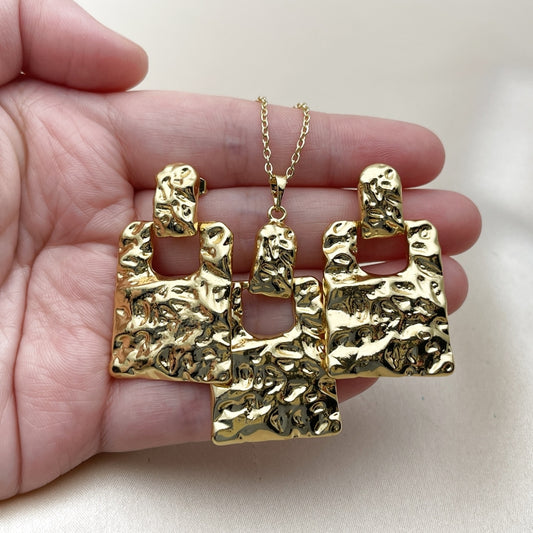 Oro Laminado Earring and Pendant Adult Set, Gold Filled Style Lock Design, Polished, Golden Finish