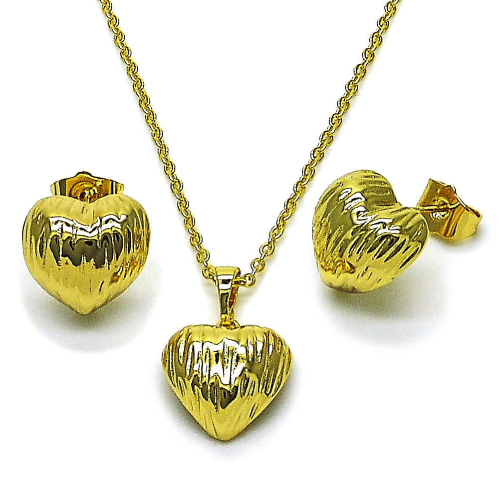 Oro Laminado Earring and Pendant Adult Set, Gold Filled Style Heart Design, Diamond Cutting Finish, Golden Finish