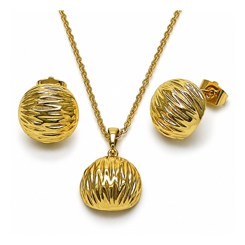 Oro Laminado Earring and Pendant Adult Set, Gold Filled Style Ball Design, Diamond Cutting Finish, Golden Finish