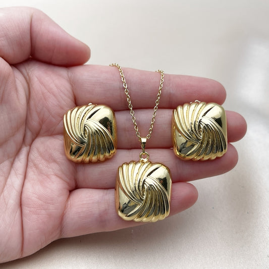 Oro Laminado Earring and Pendant Adult Set, Gold Filled Style Diamond Cutting Finish, Golden Finish