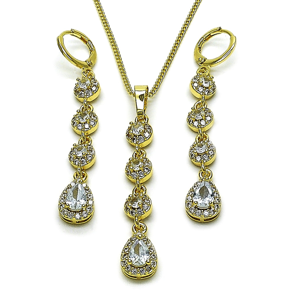Oro Laminado Earring and Pendant Adult Set, Gold Filled Style Cluster and Teardrop Design, with White Cubic Zirconia, Polished, Golden Finish