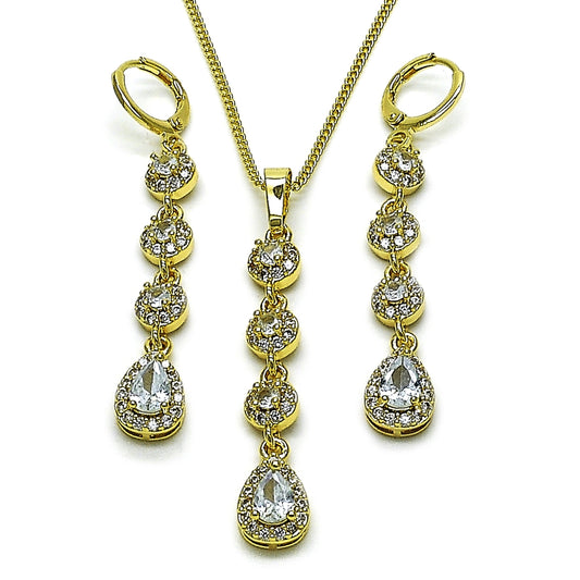 Oro Laminado Earring and Pendant Adult Set, Gold Filled Style Cluster and Teardrop Design, with White Cubic Zirconia, Polished, Golden Finish