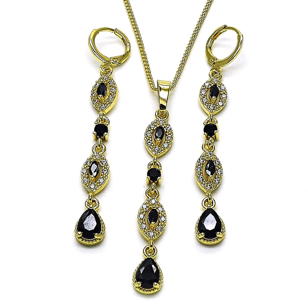 Oro Laminado Earring and Pendant Adult Set, Gold Filled Style Teardrop and Cluster Design, with Black and White Cubic Zirconia, Polished, Golden Finish