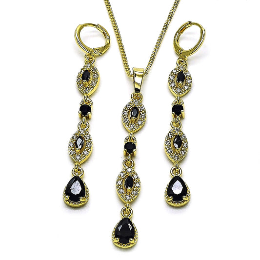 Oro Laminado Earring and Pendant Adult Set, Gold Filled Style Teardrop and Cluster Design, with Black and White Cubic Zirconia, Polished, Golden Finish