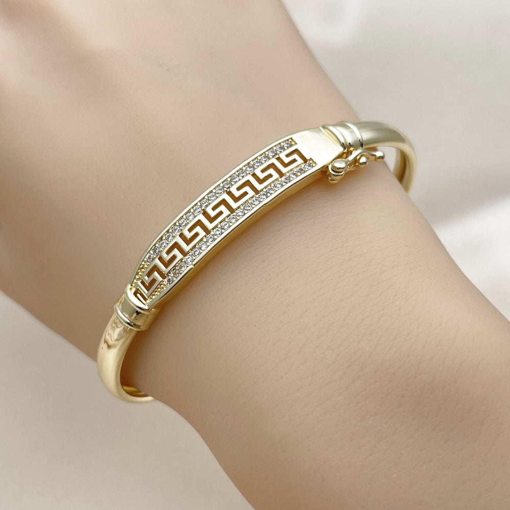 Oro Laminado Individual Bangle, Gold Filled Style Greek Key Design, with White Cubic Zirconia, Polished, Golden Finish