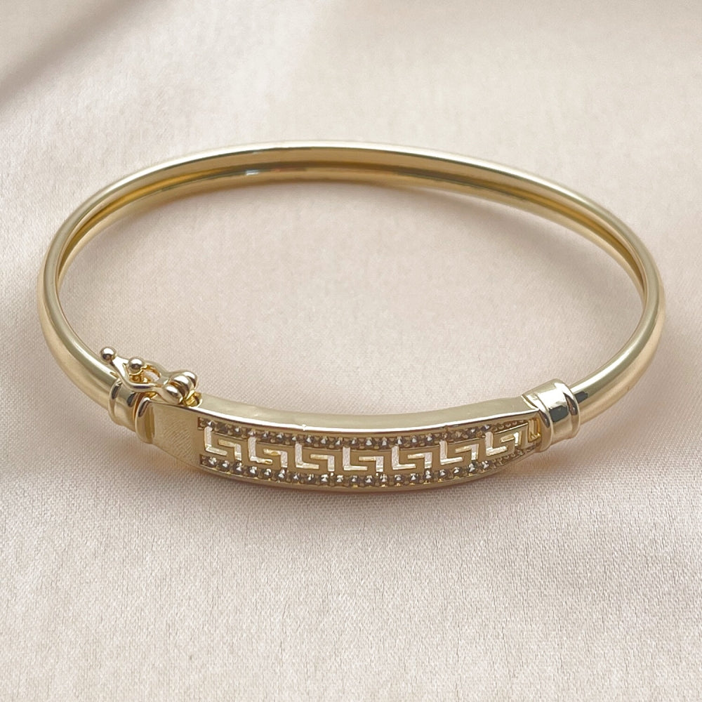 Oro Laminado Individual Bangle, Gold Filled Style Greek Key Design, with White Cubic Zirconia, Polished, Golden Finish