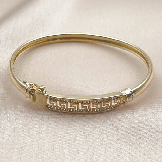 Oro Laminado Individual Bangle, Gold Filled Style Greek Key Design, with White Cubic Zirconia, Polished, Golden Finish