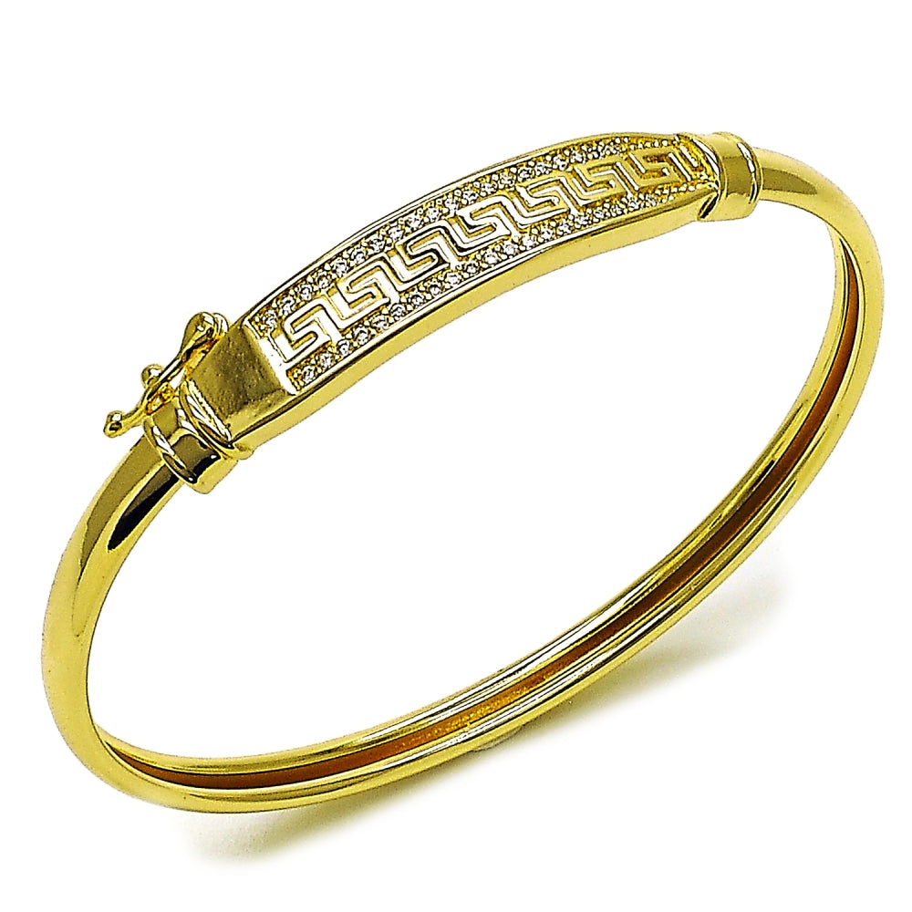 Oro Laminado Individual Bangle, Gold Filled Style Greek Key Design, with White Cubic Zirconia, Polished, Golden Finish