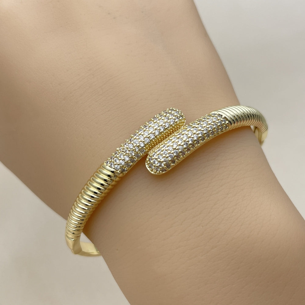 Oro Laminado Individual Bangle, Gold Filled Style Snake Design, with White Micro Pave, Polished, Golden Finish