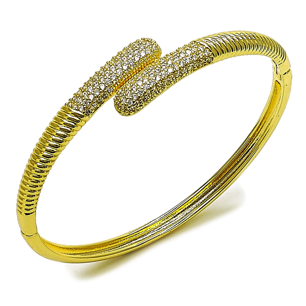 Oro Laminado Individual Bangle, Gold Filled Style Snake Design, with White Micro Pave, Polished, Golden Finish