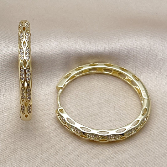 Oro Laminado Huggie Hoop, Gold Filled Style with White Micro Pave, Polished, Golden Finish