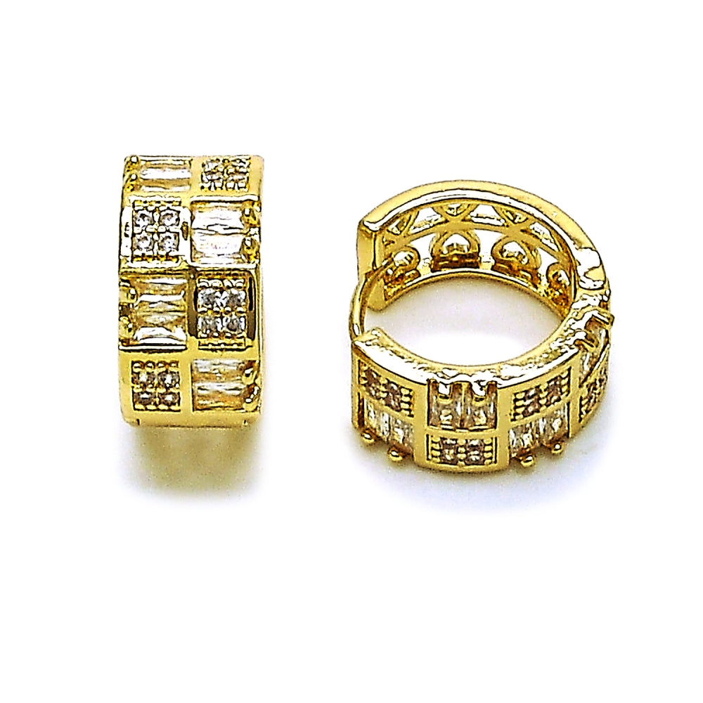 Oro Laminado Huggie Hoop, Gold Filled Style Baguette Design, with White Cubic Zirconia, Polished, Golden Finish